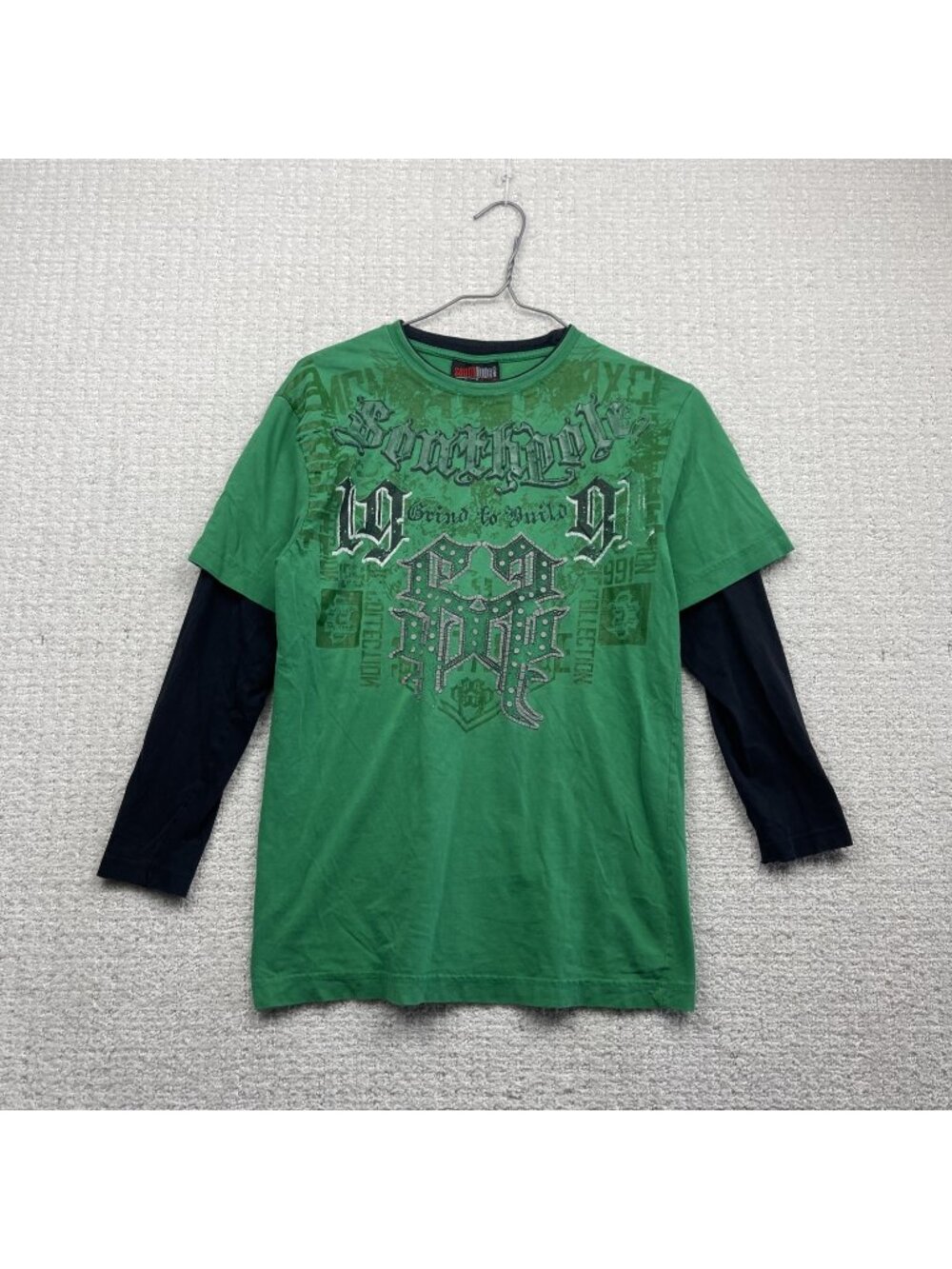 Y2K South Pole Black / Green Goth Emo Layered T-Shirt Kids Sz S Grunge Skater